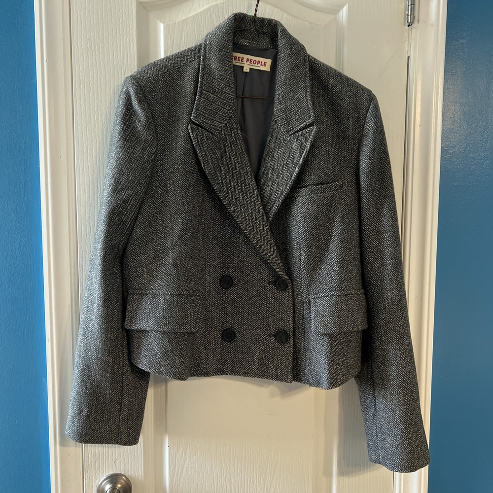 Free People Grey Herringbone Cropped Blazer Double Breasted Jacket Size M
